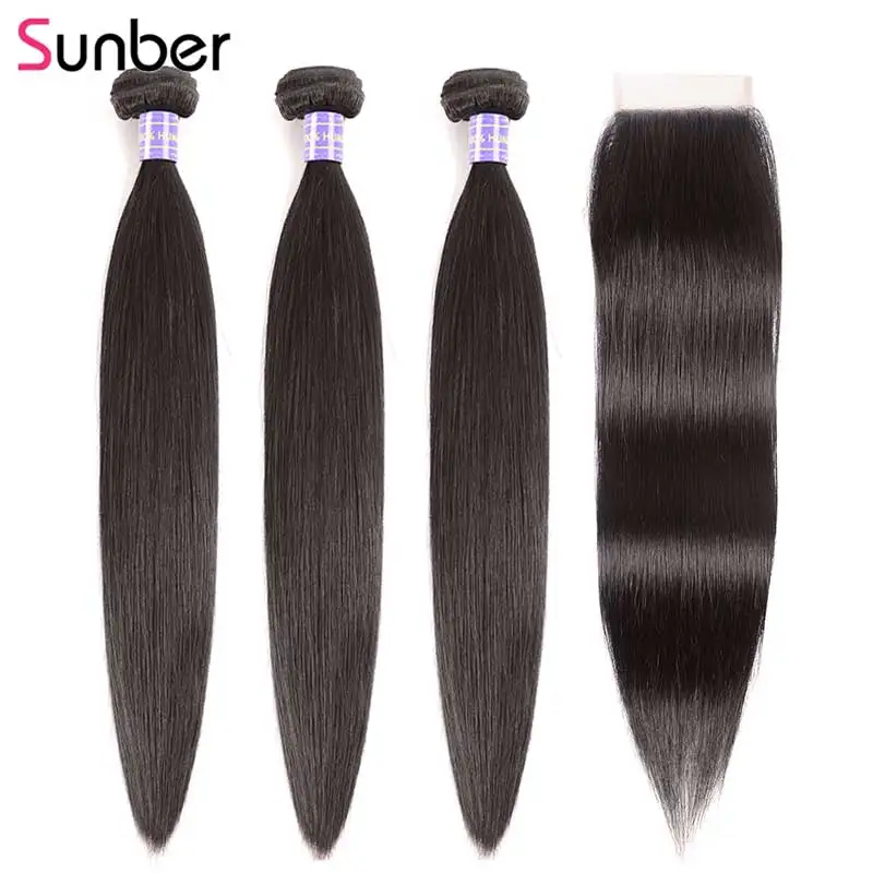 

Sunber Hair Malaysian Hair Straight 3 Bundles With Closure Natural Color 100% Remy Human Hair Weave Bundles With Lace Closure
