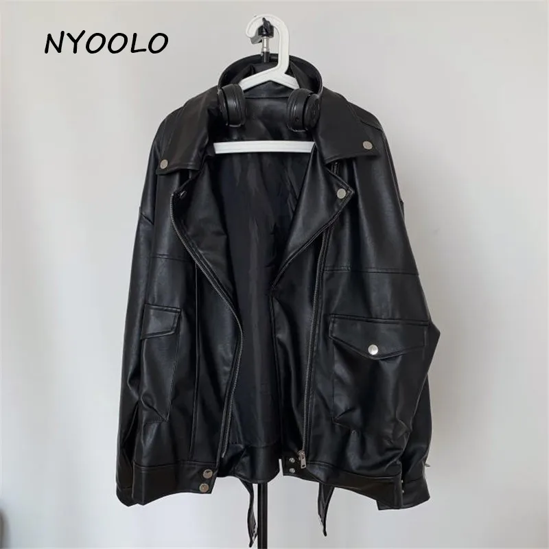 NYOOLO, Ретро стиль, бойфренд, уличная одежда, мотоциклетные куртки, Осень-зима, свободные, искусственная кожа, карманы, куртка на молнии, для женщин, мужчин, верхняя одежда - Цвет: Черный
