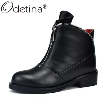 

Odetina Women Lady Chunky Low Heel Russia Ankle Boots Autumn Winter Fashion Casual Comfort Platform Booties Round Toe Front Zip