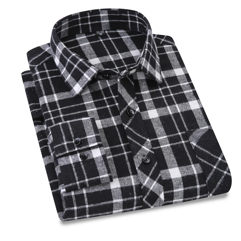 100% Cotton Flannel Men's Plaid Shirt loose Fit Spring Autumn Male Casual Long Sleeved Shirts Soft Comfortable with front pokcet | Мужская
