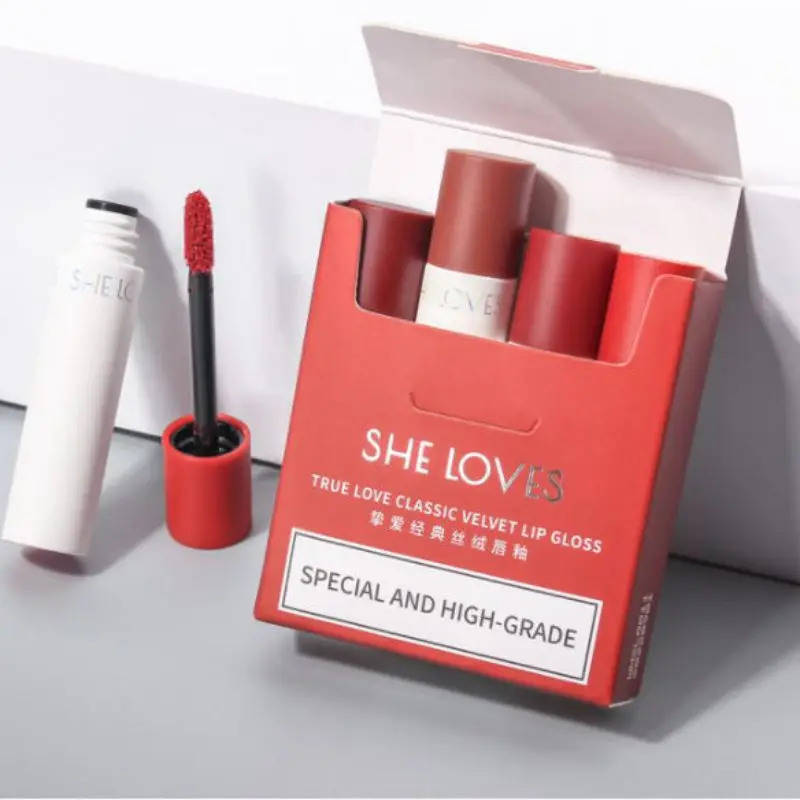 4 Colors Velvet Matte Lip Glaze Mist Smooth Long-Lasting Moisturizing Waterproof Pipe Lip Glaze Set Lip Gloss