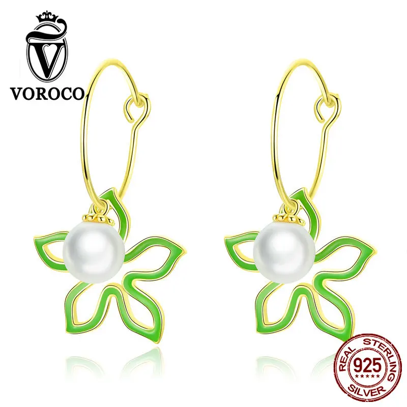 Voroco настоящий 925 Висячие серьги из серебра 925 пробы цветы с жемчугом Висячие серьги для женщин летние модные ювелирные изделия BKE679
