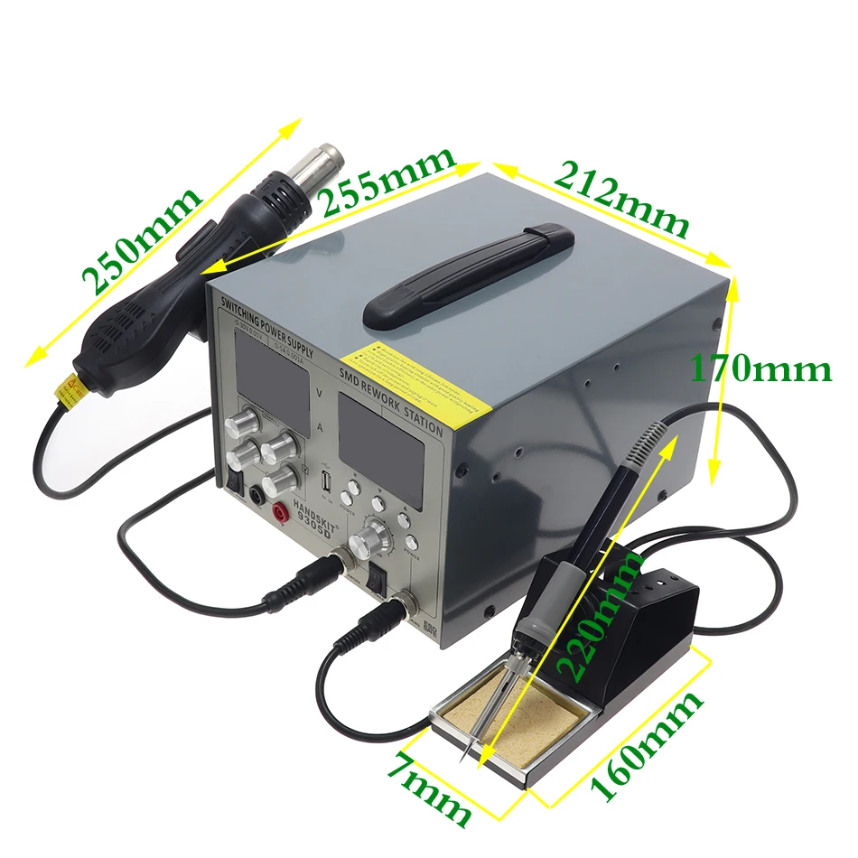 HANDSKIT 9305D SMD паяльная станция фена и паяльник для подключения к DC Питание для детей, на возраст от 0 до 30V 0-5A USB 5V 2A 4-в-1 паяльная станция