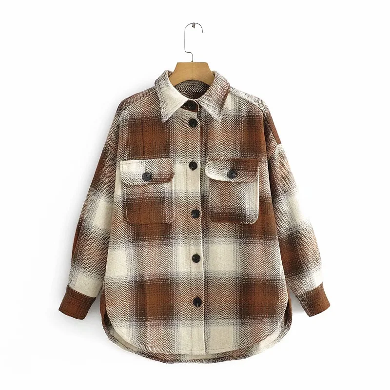  Vintage Chic Contrast Colors Patchwork Plaid Jacket Fashion Women Pockets Lapel Collar Coat Casual 