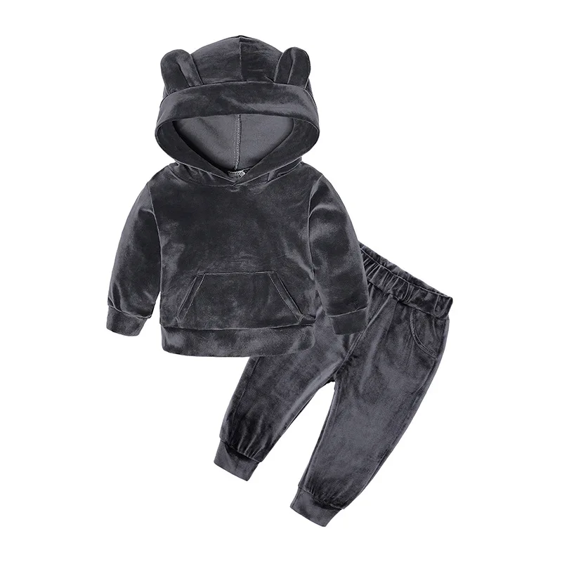 Sodawn Baby Girls Boys Clothing Sets Velvet Hooded 2pcs Sweat+Pants Toddler Costume Outfits Kids Clothes For Girl Boy Coat - Color: BT148-Gray