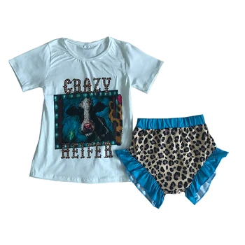 

baby girls summer outfits boutique cow pattern leopard grain ruffle short sets