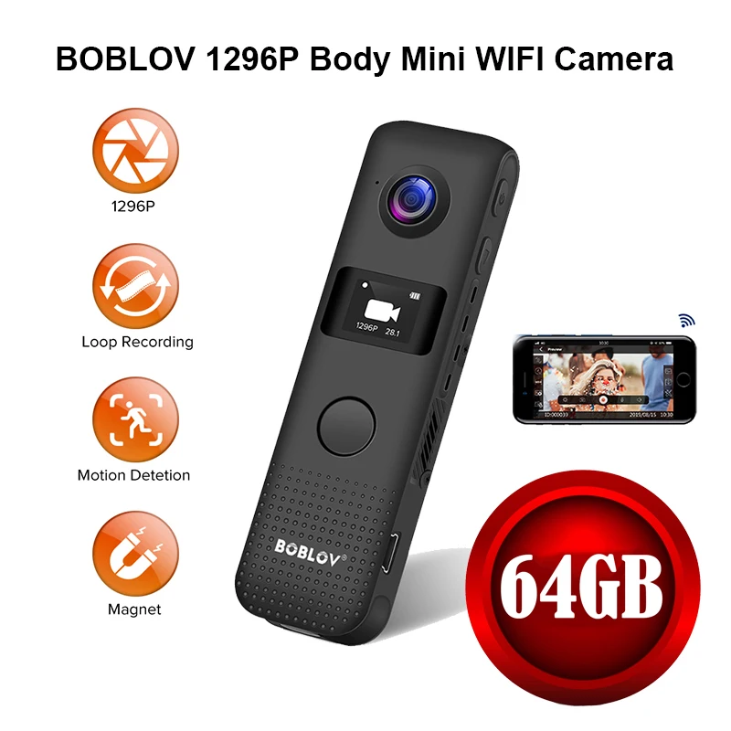 Мини-камера BOBLOV с поддержкой Wi-Fi и датчиком движения 64 ГБ HD 1296P | Электроника