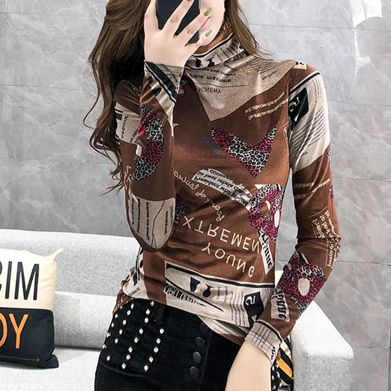 

2019 NEW High neck bottoming women's autumn and winter fashion printing top small shirt with long sleeve young T shirt harajuku