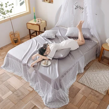 

1pc Bedding Sheet Ice Silk Flat Sheet with White Lace Solid Color Sheet for150cm 180cm Bed Summer Type for Bedroom No Pillowcase