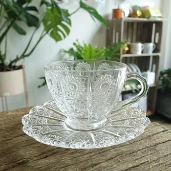 

ins bohemian creative personality fashion retro relief flower crystal glass coffee cup saucer afternoon tea breakfast cupLB42507