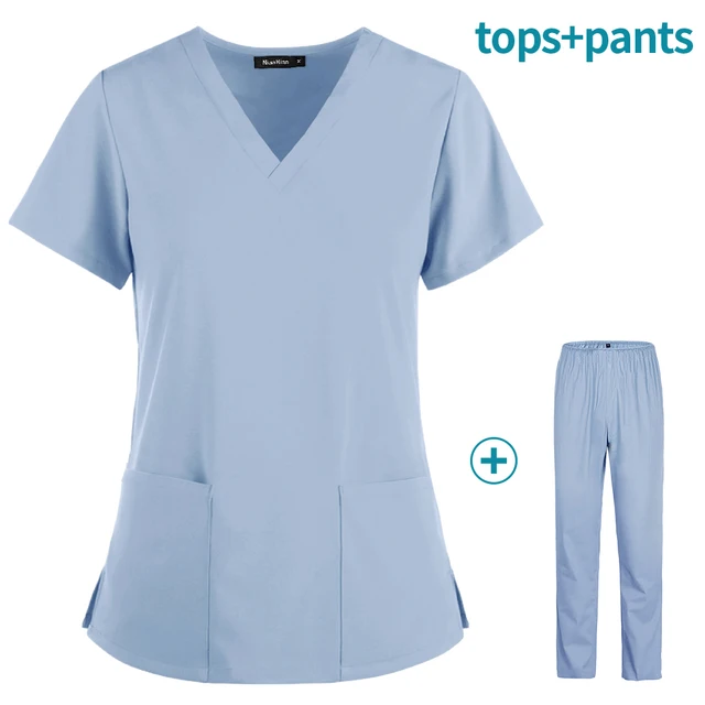 Hot Sales Nurse Uniform Women Short Sleeve Neck Tops Working Uniform Blouse Scrubs Workwear Nursing Women Scrubs Pants Elastic Sky blue