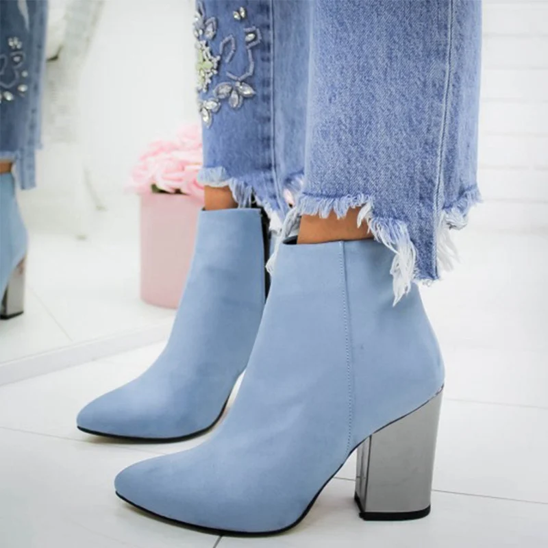 sky blue MCCKLE/женские осенние ботильоны на молнии; женская модная обувь из флока с острым носком на не сужающемся книзу высоком массивном каблуке; Повседневная модная женская обувь - Цвет: sky blue