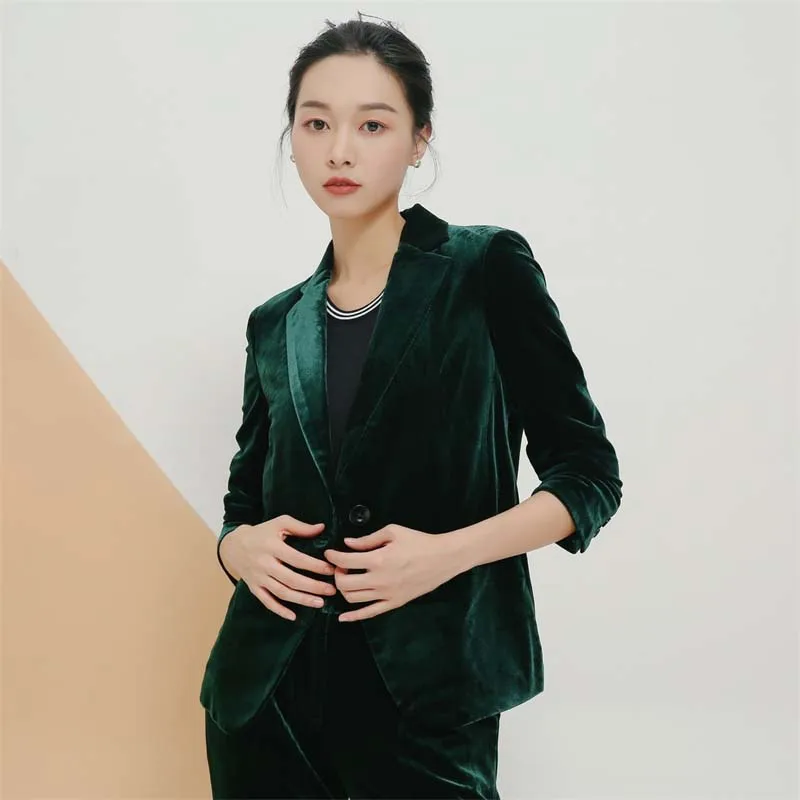 Весенне-осенний бархатный блейзер для женщин, тонкий женский блейзер с длинным рукавом, Женский деловой маленький пиджак для работы, Женский блейзер feminino - Цвет: Green  Blazer  2