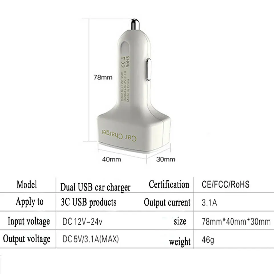 USB Car Charger Fast Twin Port Dual QC 3.1 Car Dual USB Charger 30W