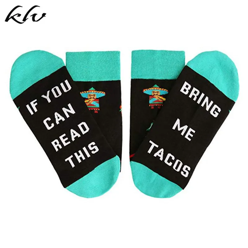 Unisex If You Can Read This Bring Me Tacos Wine Beer Crew Socks Novelty Funny Letters Cartoon Jacquard Cotton Hosiery