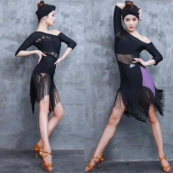 

New Female Latin Dance Dress Women Practice Latin Dance Tops Black Fringe Skirt Lady Rumba/Tango/Samba/Salsa Costume DQL2192