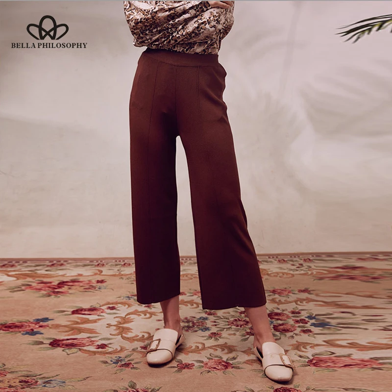 

Bella philosophy Women Autumn Knitted Pants Solid Female Elastic Waist Wide Leg Pants Casual Street Wear Lady Loose Pant Bottoms