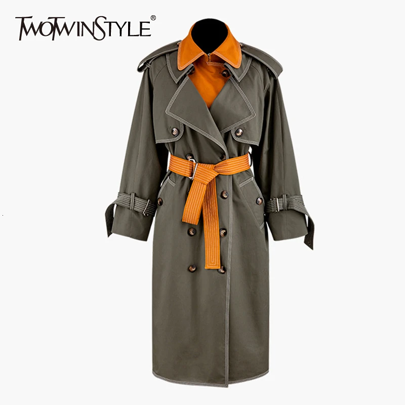 

TWOTWINSTYLE Patchwork Hit Color Windbreakers Women Lapel Collar Long Sleeve High Waist With Sashes Trench Coats For Female Tide