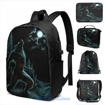 

Funny Graphic print Howl of the Werewolf USB Charge Backpack men School bags Women bag Travel laptop bag