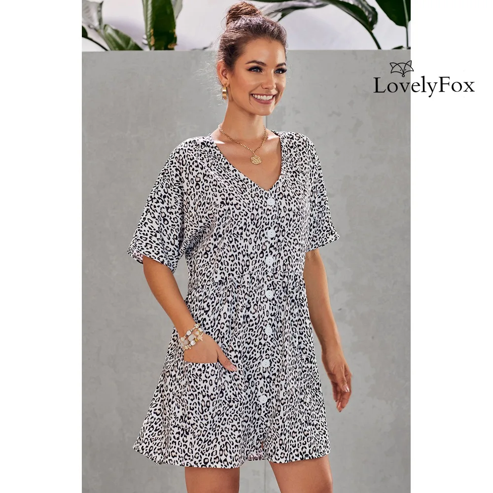 2020 LovelyFox Новый женский леопардовый принт v-образный вырез на пуговицах сарафан
