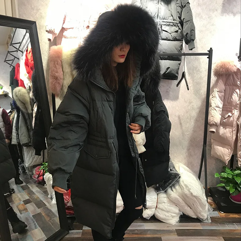 Стиль, корейский стиль, свободный крой, пуховик, женский, средней длины, большой меховой воротник, талия, обнимает, большой размер, пальто, женская мода