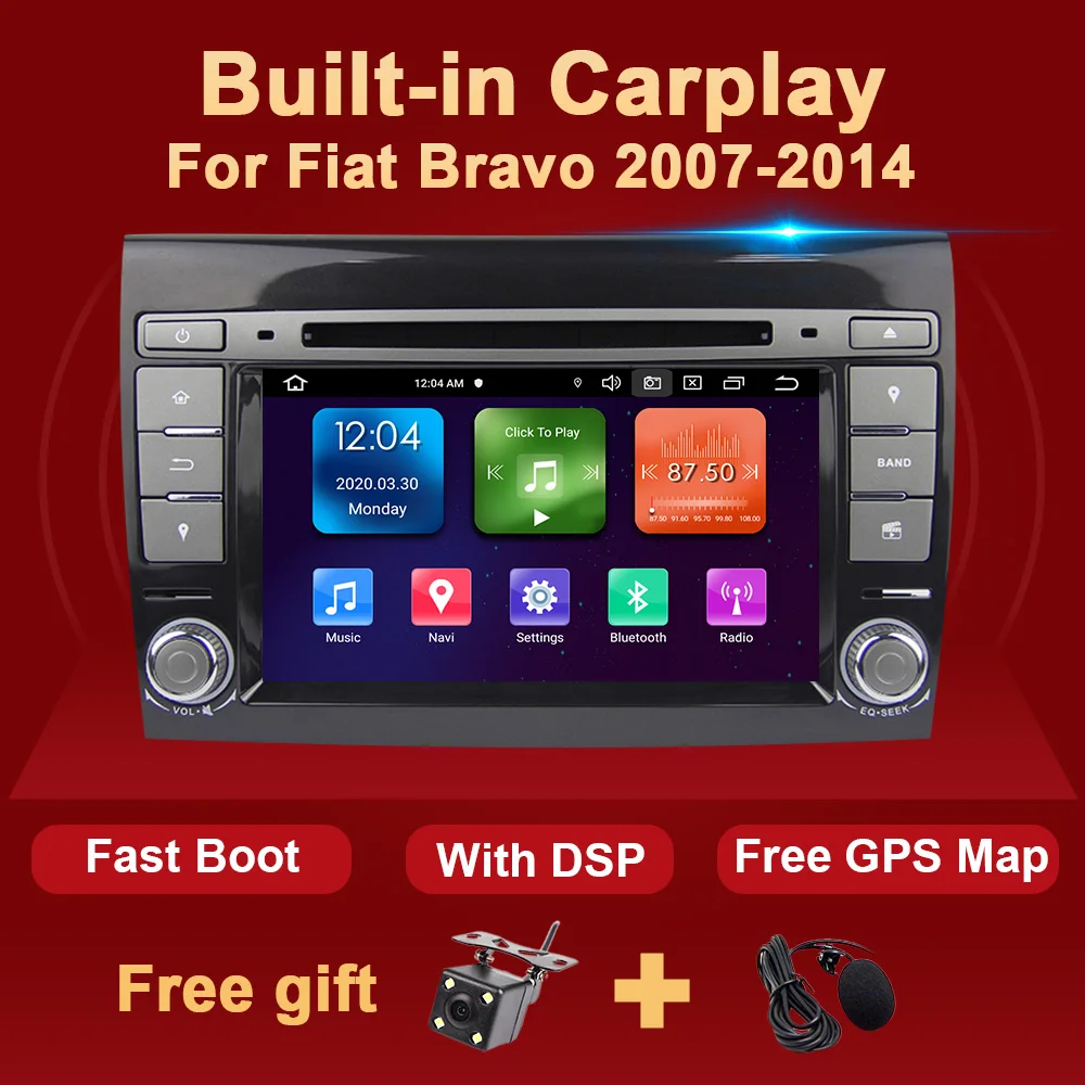 Eunavi 2 Din Android 10 Car Multimedia player Auto Radio GPS PC For Fiat Bravo 2007 2008 2009 2010 2011 2012 Automotivo Audio 4G