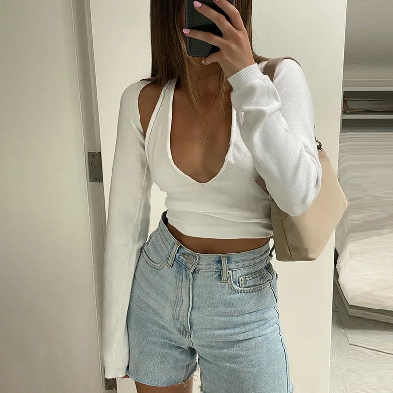 

Woman Tshirts 2020 Autumn New Women Long Sleeve Halter Strap Halter Neck Slim Basic T Shirt