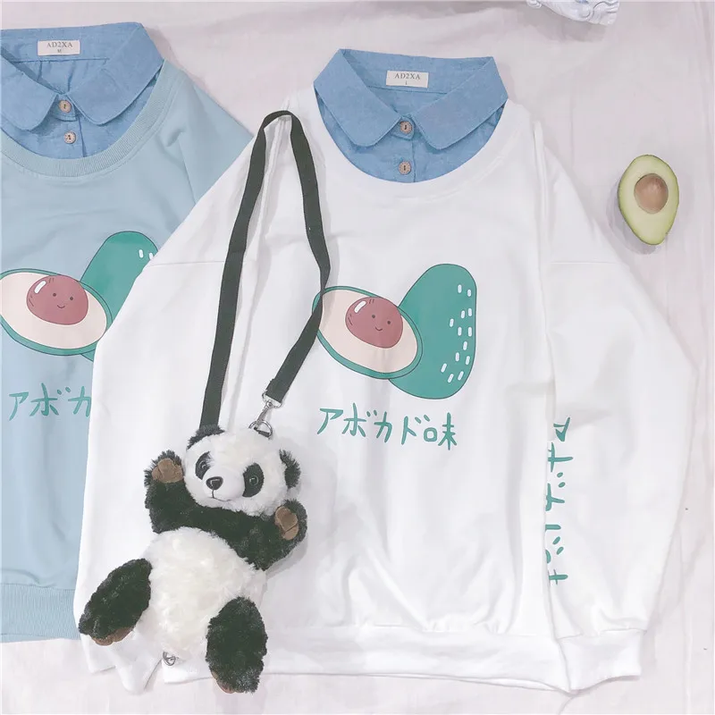 Милый авокадо печатных поддельные двух частей толстовка поло воротник Kawaii с длинным рукавом Женские повседневные толстовки для девочек студенческий консервативный стиль
