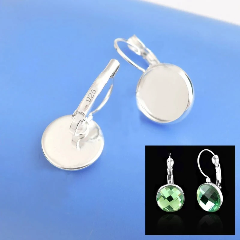 50PCS/Lot 925 Sterling Silver Jewelry Finding 12MM  Cabochon Cameo Settings Earring Base Earring Settings French Lever Back S