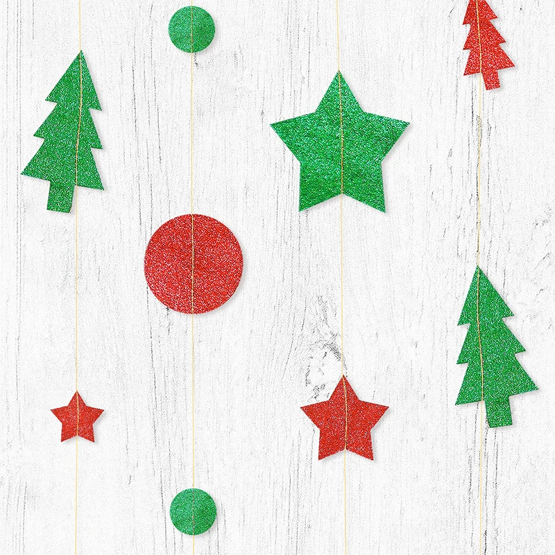 1Set Glitter Star Round Green Red Tree Garland Christmas Banner Happy Birthday Wedding Party Decoration Christmas Party Supplies