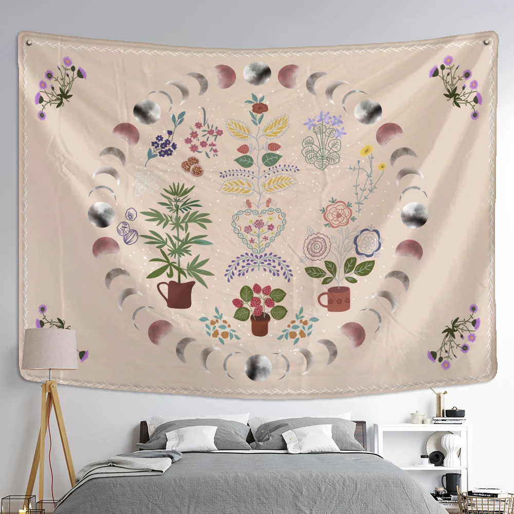 Moon Phase Tapestry Wall Hanging Plants Celestial Flowers Starry Sky Bohemian Witchcraft Hippie Home Decor