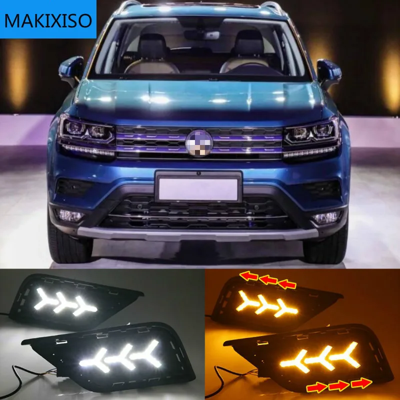 

1Pair LED DRL Daytime Running Light Daylights For Volkswagen VW Tharu 2019 With Yellow Turn Signal Fog Lamp Cover night blue