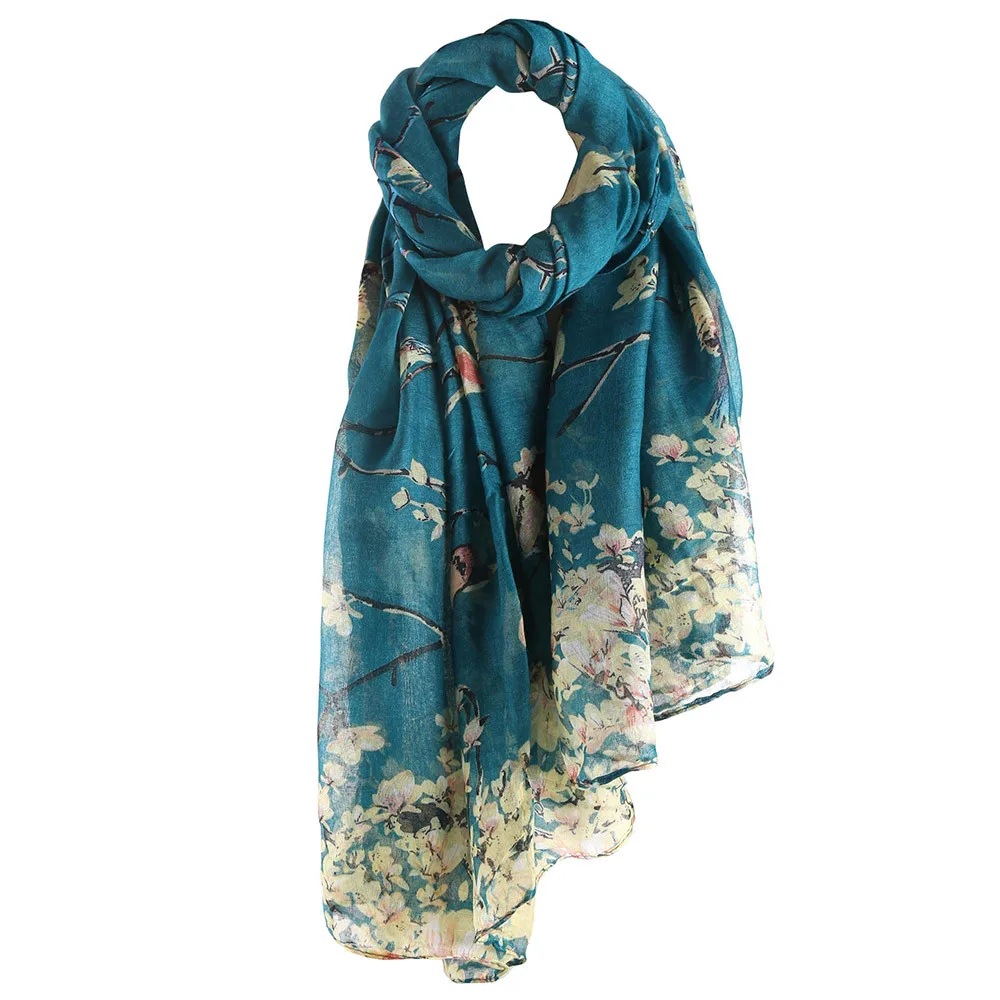 Роскошный Ретро Шелковый атласный шарф на шею, винтажные Большие шали с цветочным принтом, элегантный женский длинный шарф с принтом, теплая шаль - Цвет: Blue