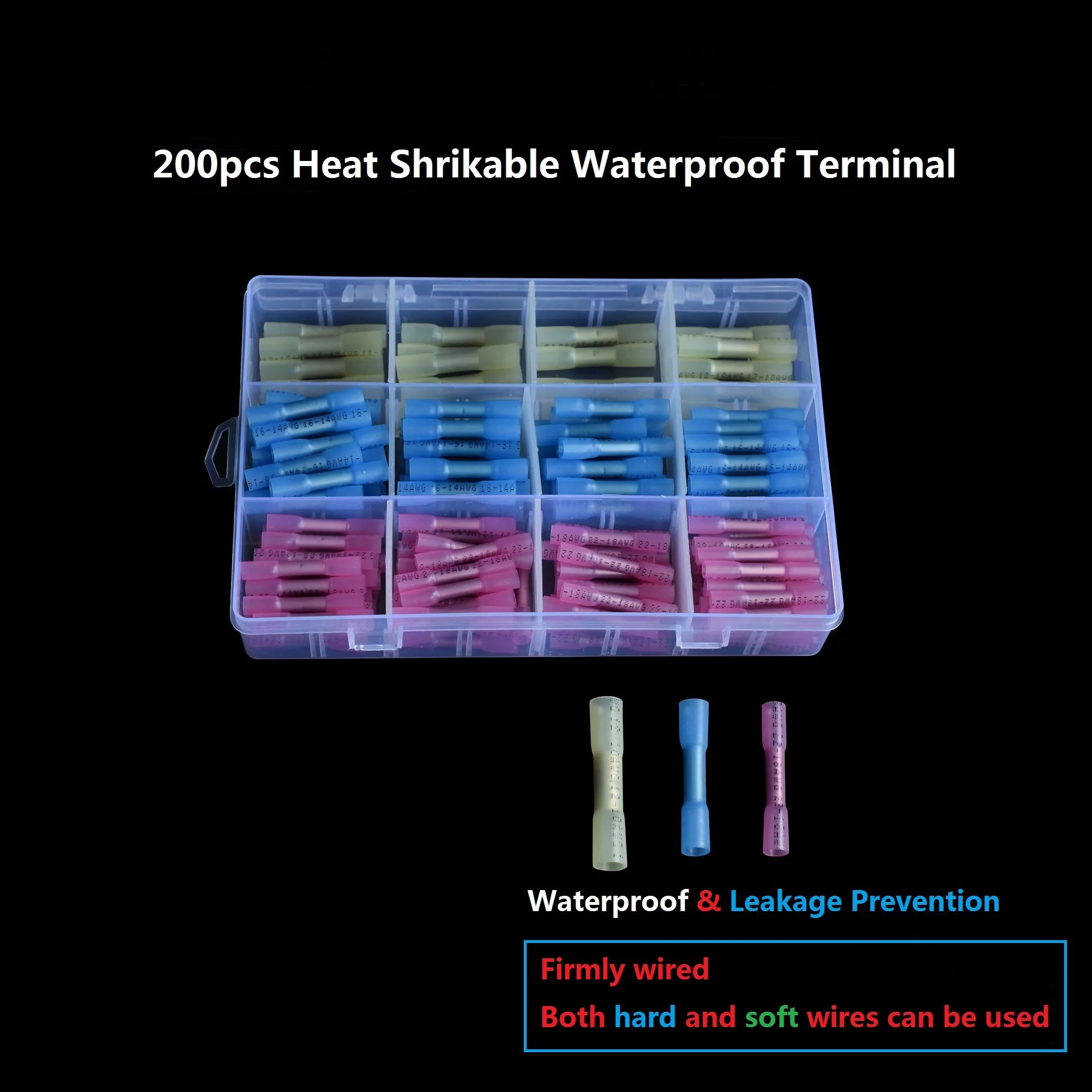 

200PCS Insulated Heat Shrink Terminal AWG 22-10 Butt Electrical Splice Wire Connectors Cable Crimp Assorted With Box Red Blue