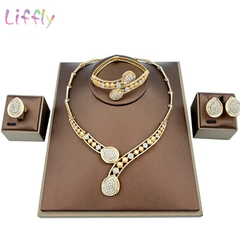 

Liffly Nigeria Fashion Jewelry Sets Water Drop Shaped Necklace Bracelet Earrings Ring Party Elegant Women Jewelry Set