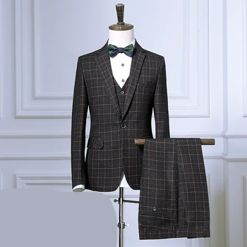 

Classical British Style Men's Big Size Slim Plaid Single Button Blazer Three-piece Man Banquet Party Blazer Set Man Formal Suits
