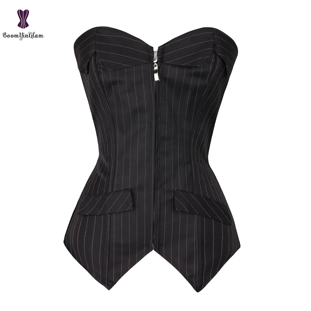 3 Pcs Set Front Zipper Sexy Pinstripe Corset Basque Top With Mini Skirt  Secretary Fancy Dress Costume For Party 801# - Bustiers & Corsets -  AliExpress