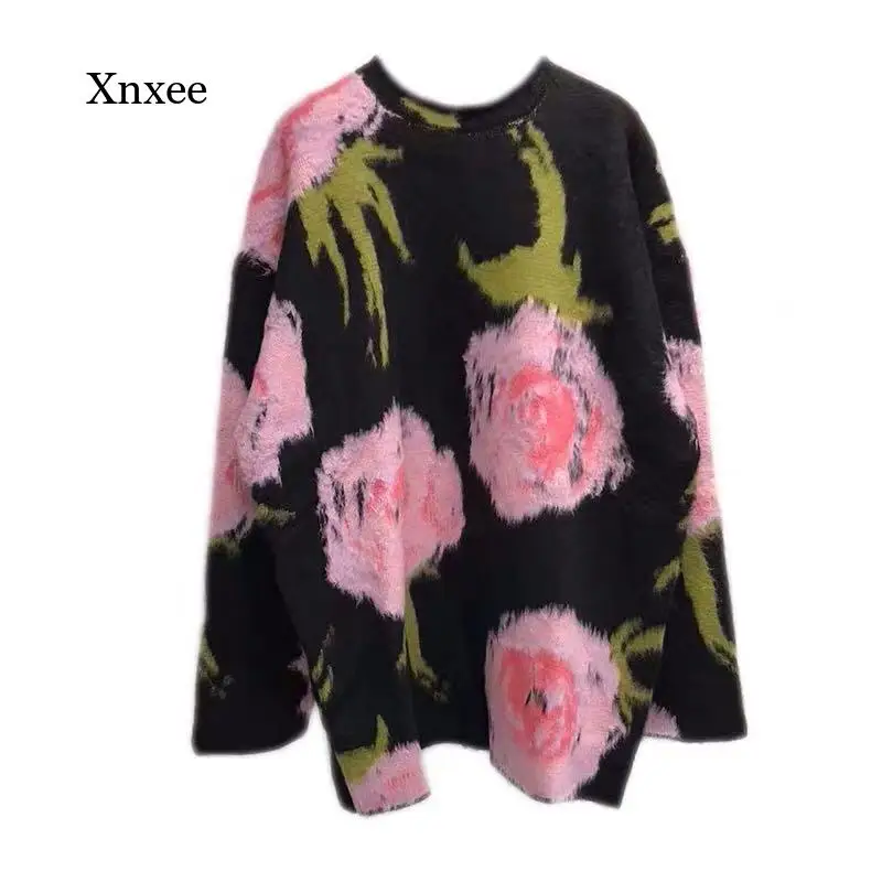 

Женский свитер с цветочным принтом, повседневный вязаный пуловер свободного покроя с рукавами, джемпер розового цвета, одежда для осени и зимы