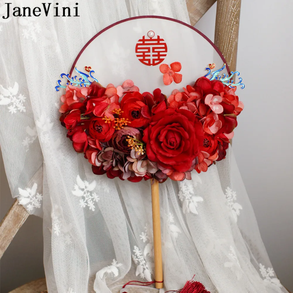 JaneVini Decorative Wedding Bridal Fan Artificial Red Rose Vintage Chinese Style Flower Bouquets Ramos De Flores Artificiales