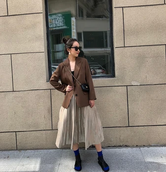 

Vintage casual coffee-colored suit women's minimalist suit midi coat 2019 autumn new