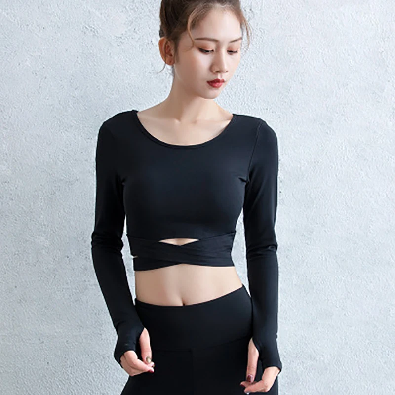 Рубашки с длинным рукавом для занятий йогой и поясничной йогой, сексуальные одноцветные эластичные топы с пуговицами для большого пальца, женские футболки для фитнеса, спортивные облегающие топы для тренировок