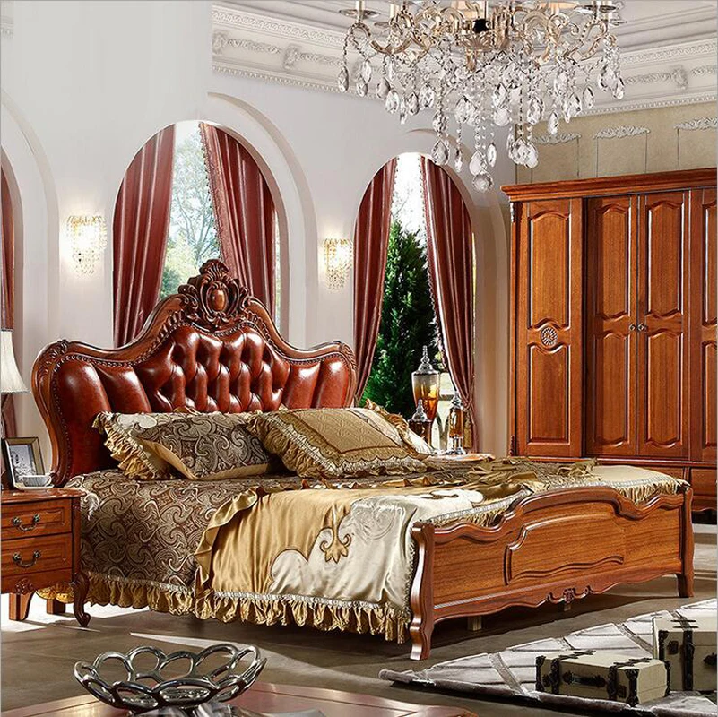 

modern european solid wood bed 2 people Fashion Carved genuine leather french bedroom furniture o10312
