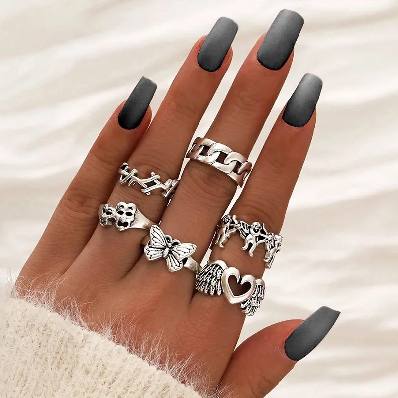 Punk Snake Gothic Silver Color Finger Ring Set 6PCS For Women  Heart Butterfly Wing Angel Wings Cupid Charms Rings Jewelry
