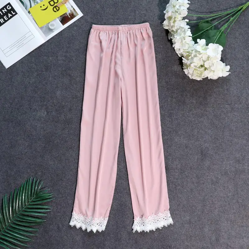 New Womens Lace Long pants Pajamas Spring Summer Casual Silky Home Wear Sleep Pyjama Bath Trousers M-XXL - Цвет: Pink - A