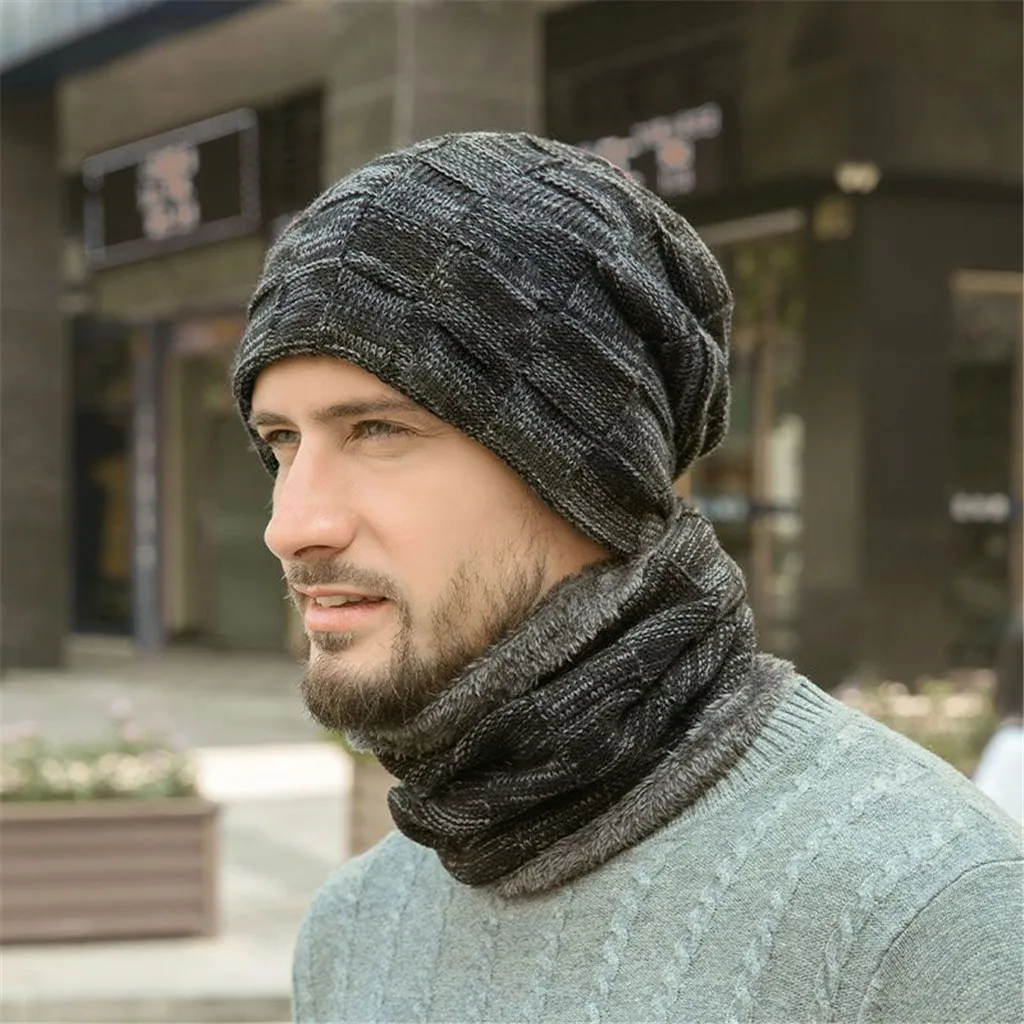 Зимняя мужская шапка, шарф, набор из 2 предметов, уличное вязаное кольцо для шляпы, шарф, набор, теплая плюшевая подкладка, толстая Мужская лыжная шапка, шарф, набор S/M Размер