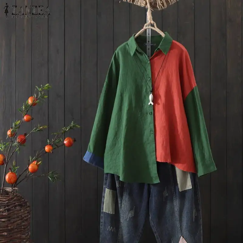 Kaftan Женская Осенняя блузка ZANZEA Топы с длинным рукавом рубашки на пуговицах Женские повседневные блузки с отворотом Туника большого размера