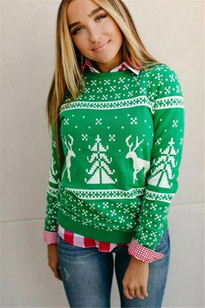 Женский Рождественский свитер, Модный женский джемпер, свитер с длинным рукавом, пуловер с принтом рождественского оленя, топы, новогодние свитера