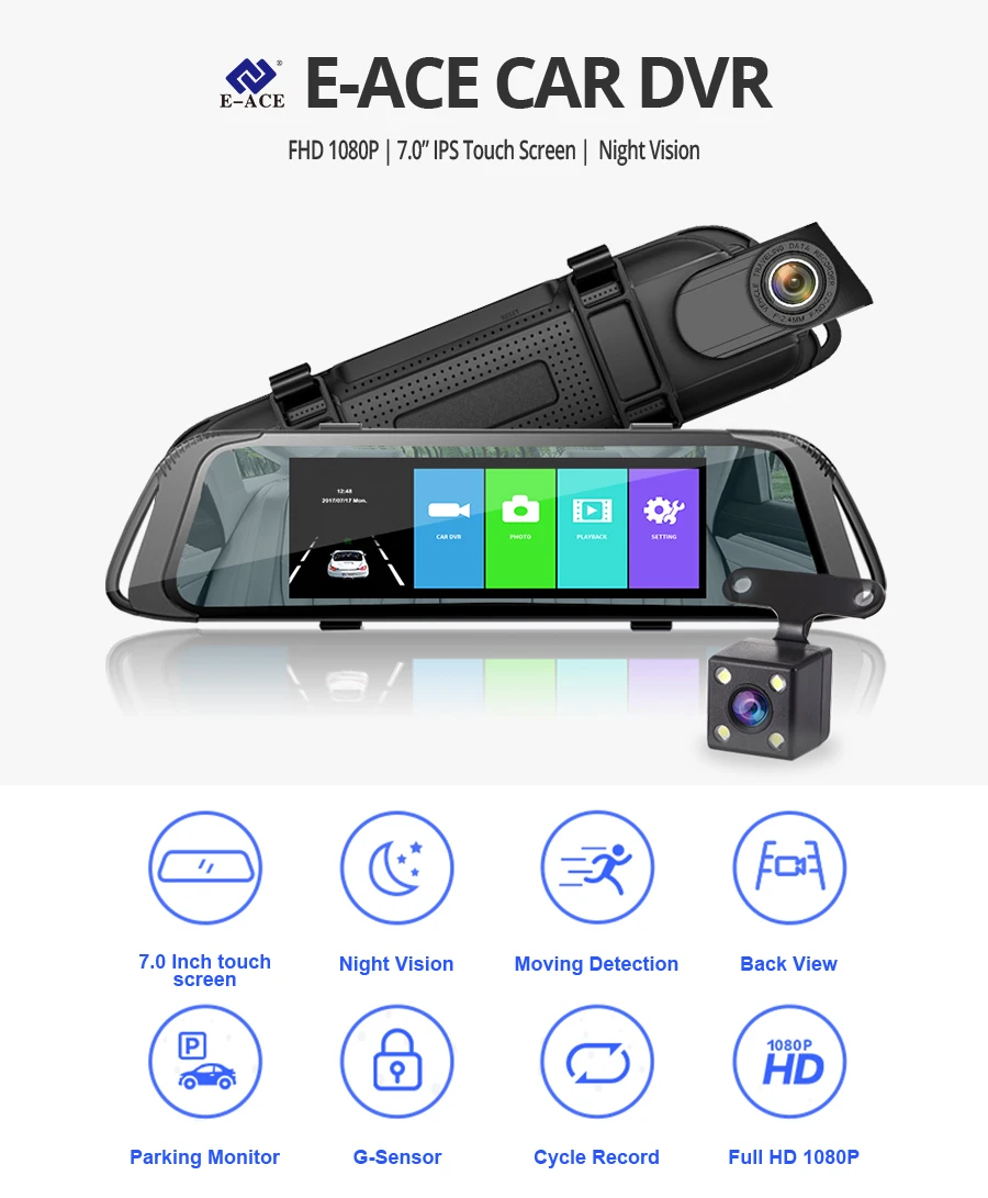E-ACE 7,0 дюймов сенсорный Автомобильный видеорегистратор зеркало FHD 1080P видео рекордер Авто регистратор тире камера двойной объектив с камерой заднего вида