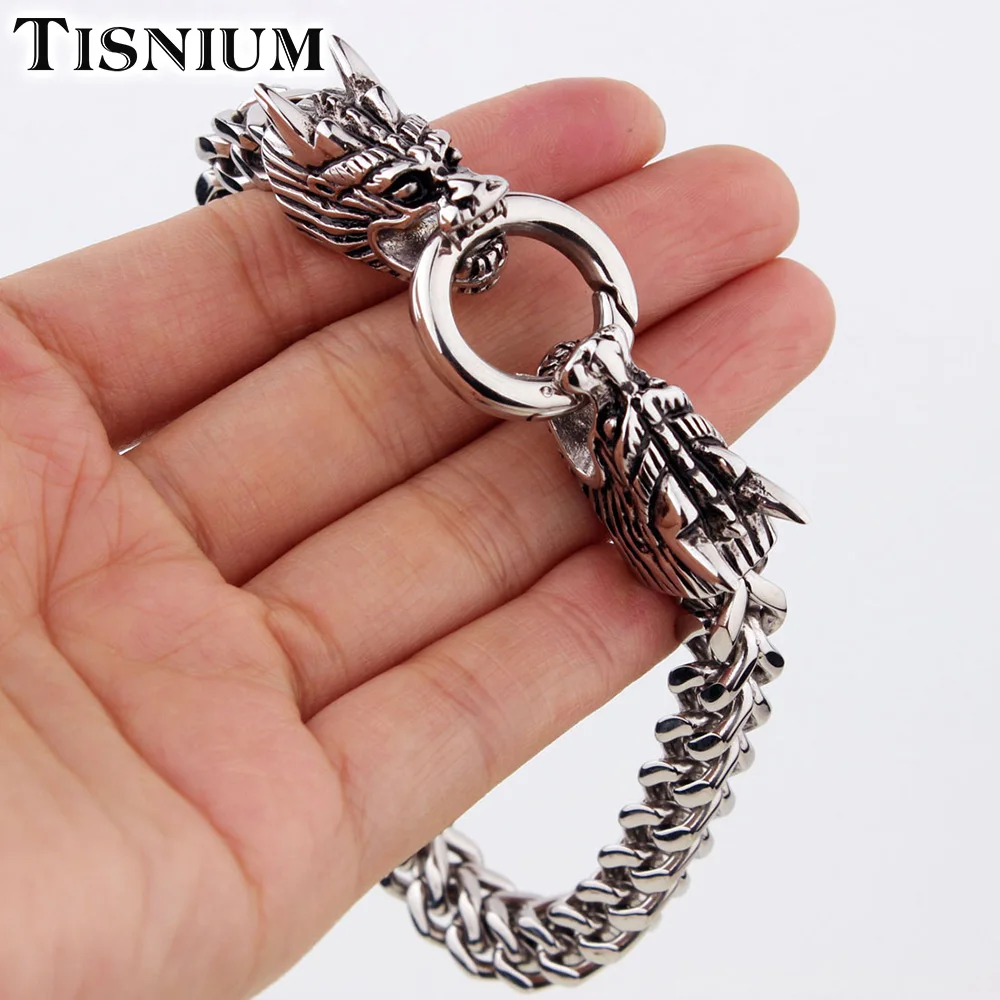 

Tisnium Dragon Head Design Men's Bracelet on the Hand Silver Color Stainless Steel Jewelry Cuban Chain Friends Gifts Wholasale