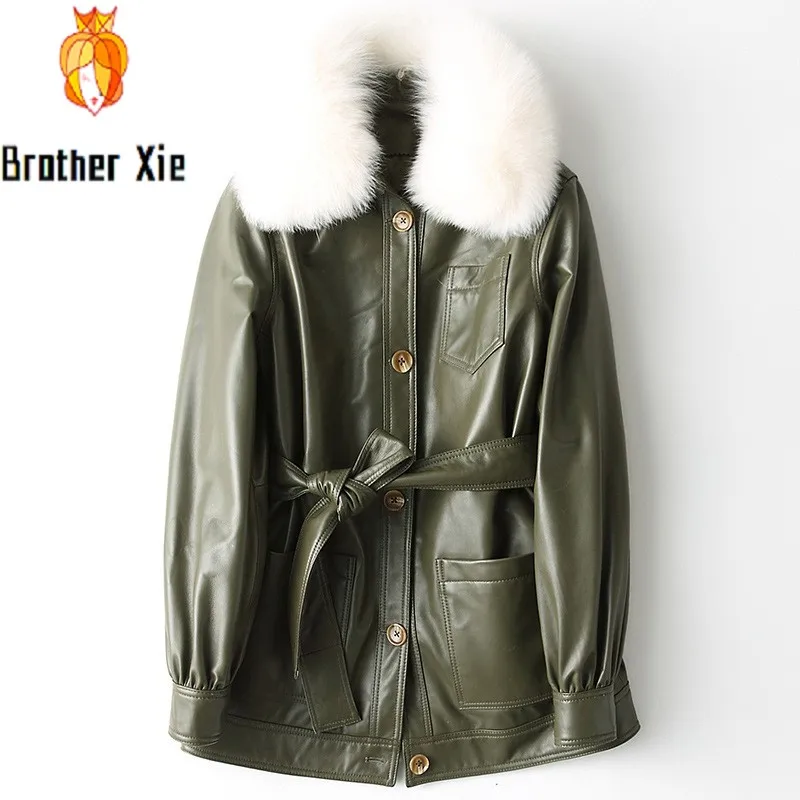 

Brand Genuine Leather Jacket Women Winter Fox Fur Collar Sheepskin Long Down Coat Elegant Runway Single Breasted Warm Outerwear